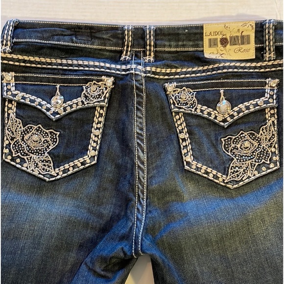 LA IDOL JEANS 15 ROSE Flair LEG JEANS RHINESTONES 5-POCKET ZIPFLY - Picture 3 of 16